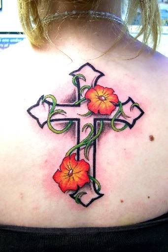 Cross And Flower Tattoo On Back Body Girl